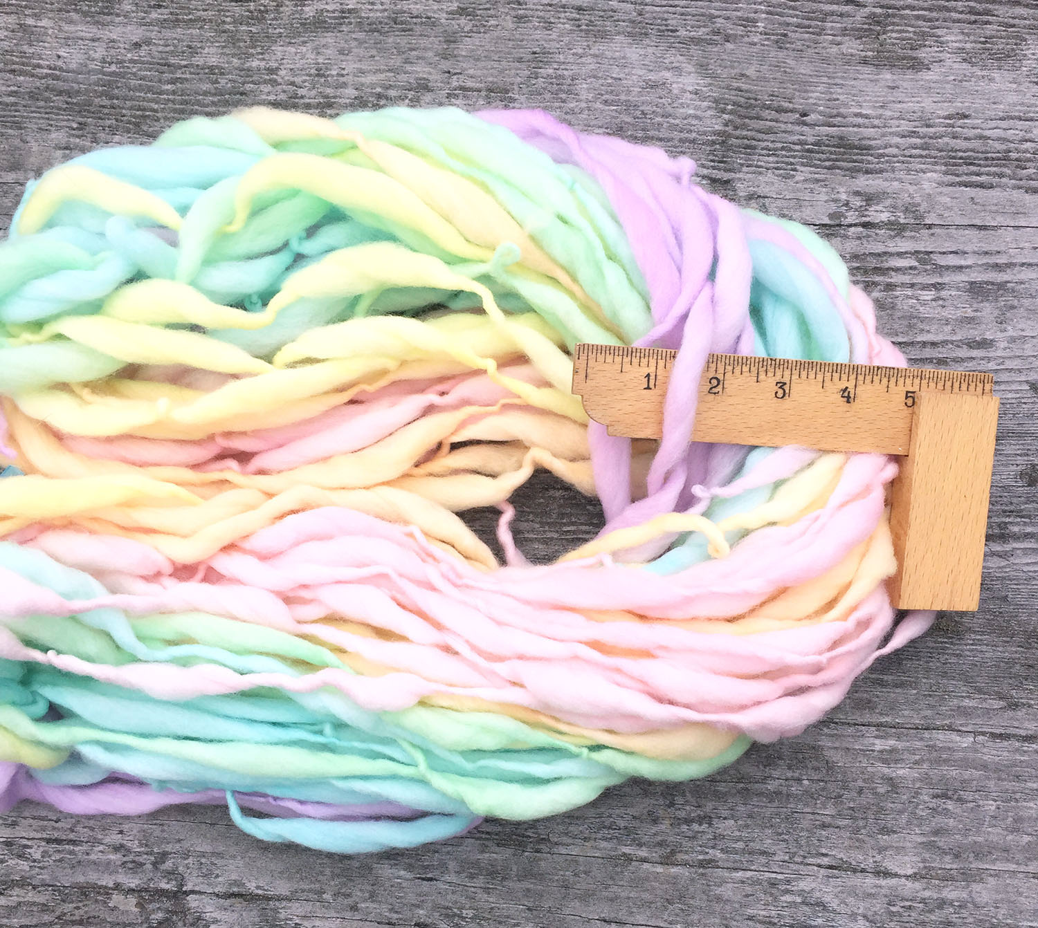 Pastel Rainbow Yarn, Hand Spun Thick And Thin, Super Bulky, In Merino Wool 50 Yards, 3 Ounces